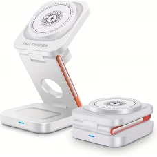 Chargeur sans fil magnétique 3 en 1 15W support pliable pour iPhone / Apple Watch / AirPods avec port USB-C - Blanc