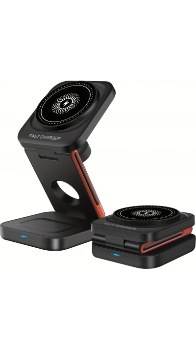 Chargeur sans fil magn&eacute;tique 3 en 1 15W support pliable pour iPhone / Apple Watch / AirPods avec port USB-C - Noir