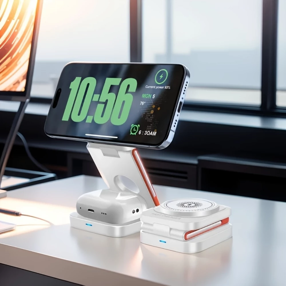Chargeur sans fil magn&eacute;tique 3 en 1 15W support pliable pour iPhone / Apple Watch / AirPods avec port USB-C - Noir