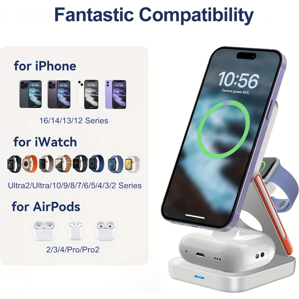 Chargeur sans fil magn&eacute;tique 3 en 1 15W support pliable pour iPhone / Apple Watch / AirPods avec port USB-C - Noir