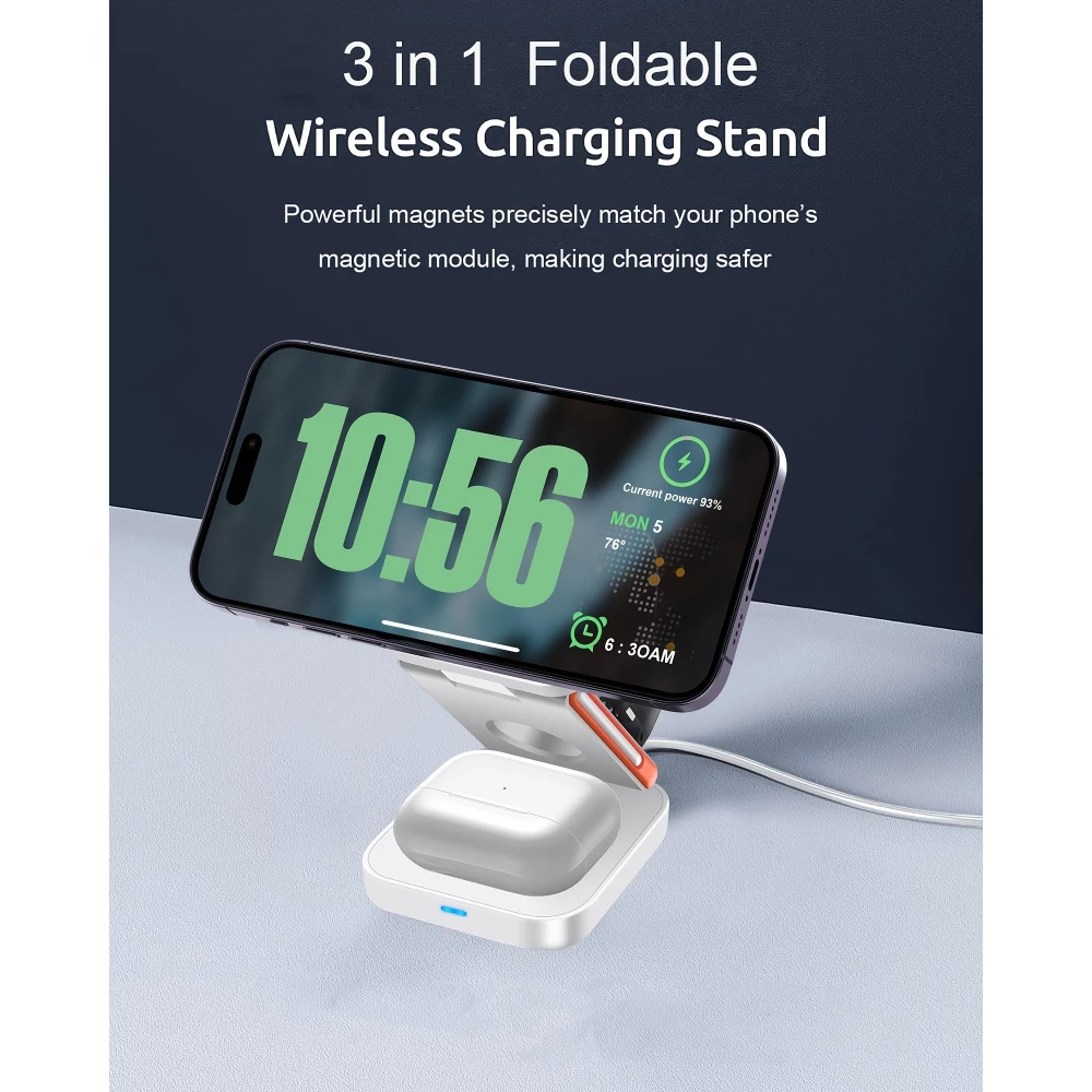 Chargeur sans fil magn&eacute;tique 3 en 1 15W support pliable pour iPhone / Apple Watch / AirPods avec port USB-C - Noir