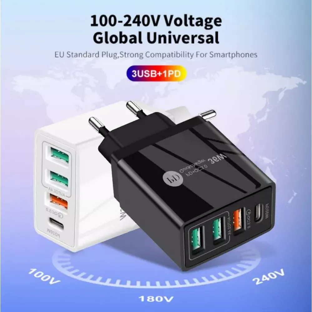 Chargeur secteur 36W PowerDelivery QC3.0 Adaptateur de charge rapide 3x USB-A + 1x USB-C - Blanc