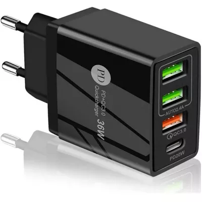 Chargeur secteur 36W PowerDelivery QC3.0 Adaptateur de charge rapide 3x USB-A + 1x USB-C - Noir