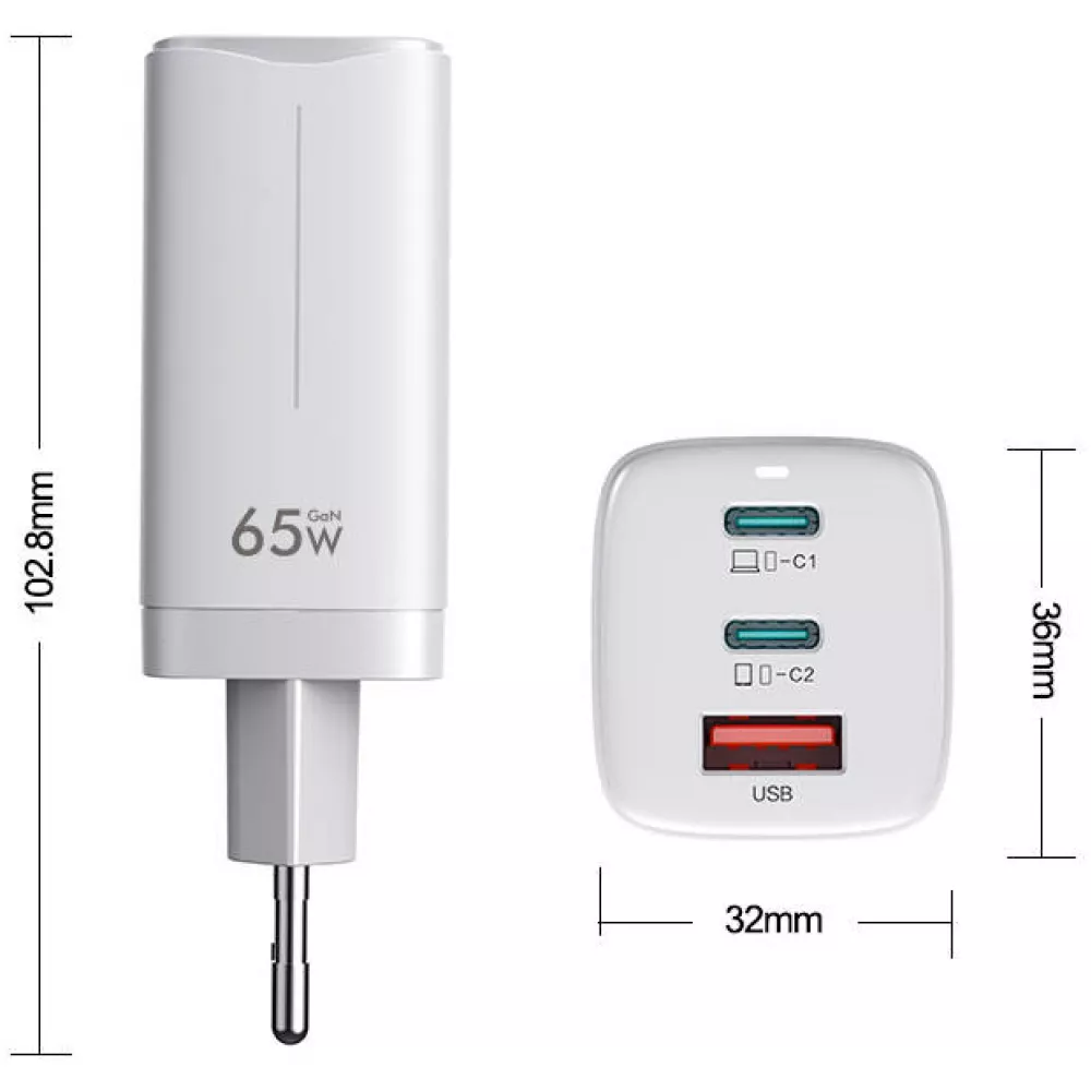Chargeur secteur GaN 65W 2x USB-C et 1x USB-A (Power Delivery) - PhoneLook - Blanc