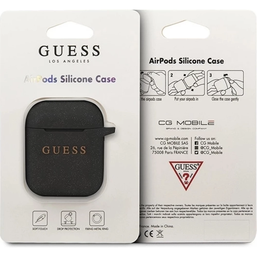 AirPods 1 / 2 Case H&uuml;lle - Guess Silikon Glitzer Pailletten - Schwarz