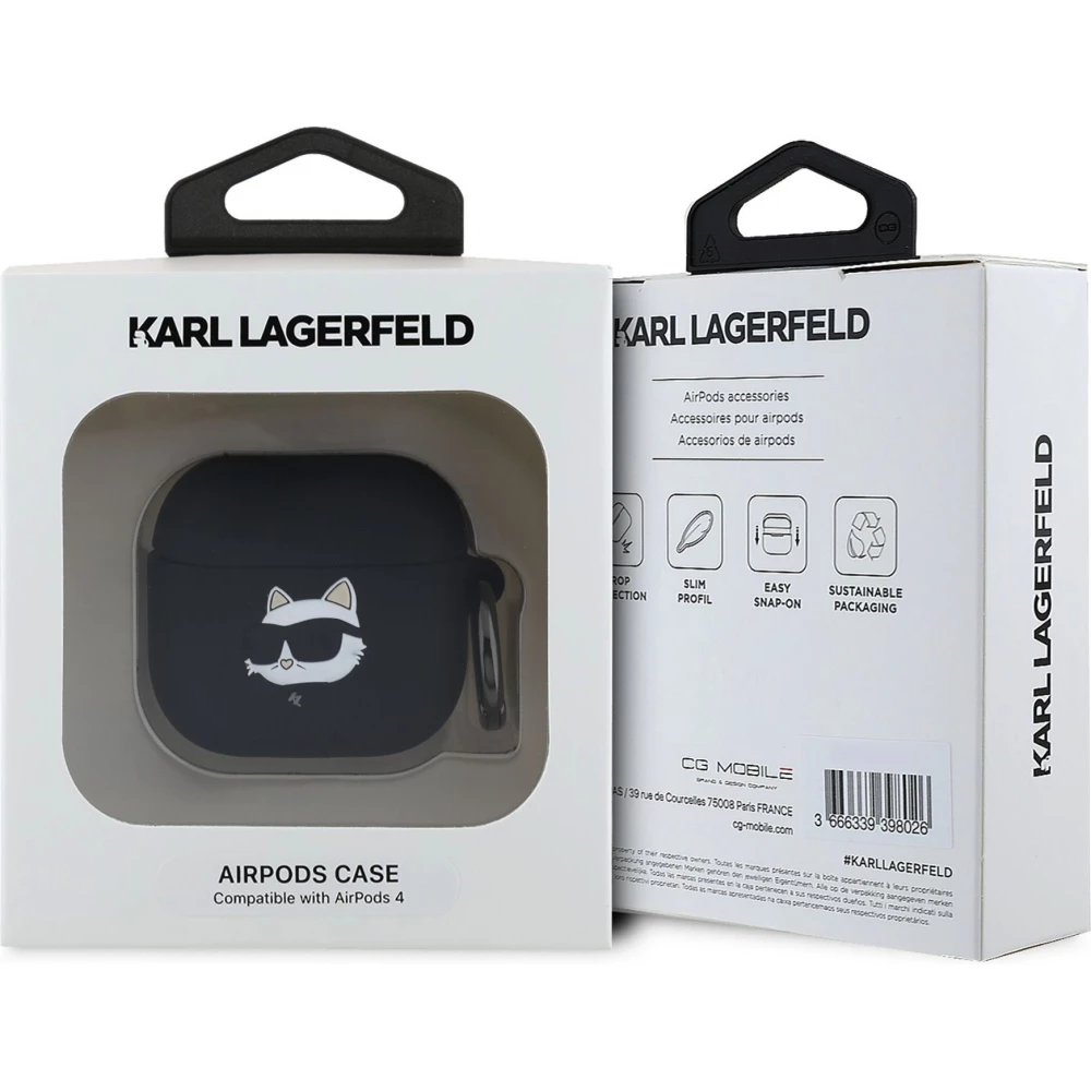 Coque AirPods 4 - Karl Lagerfeld t&ecirc;te Choupette 3D - Noir