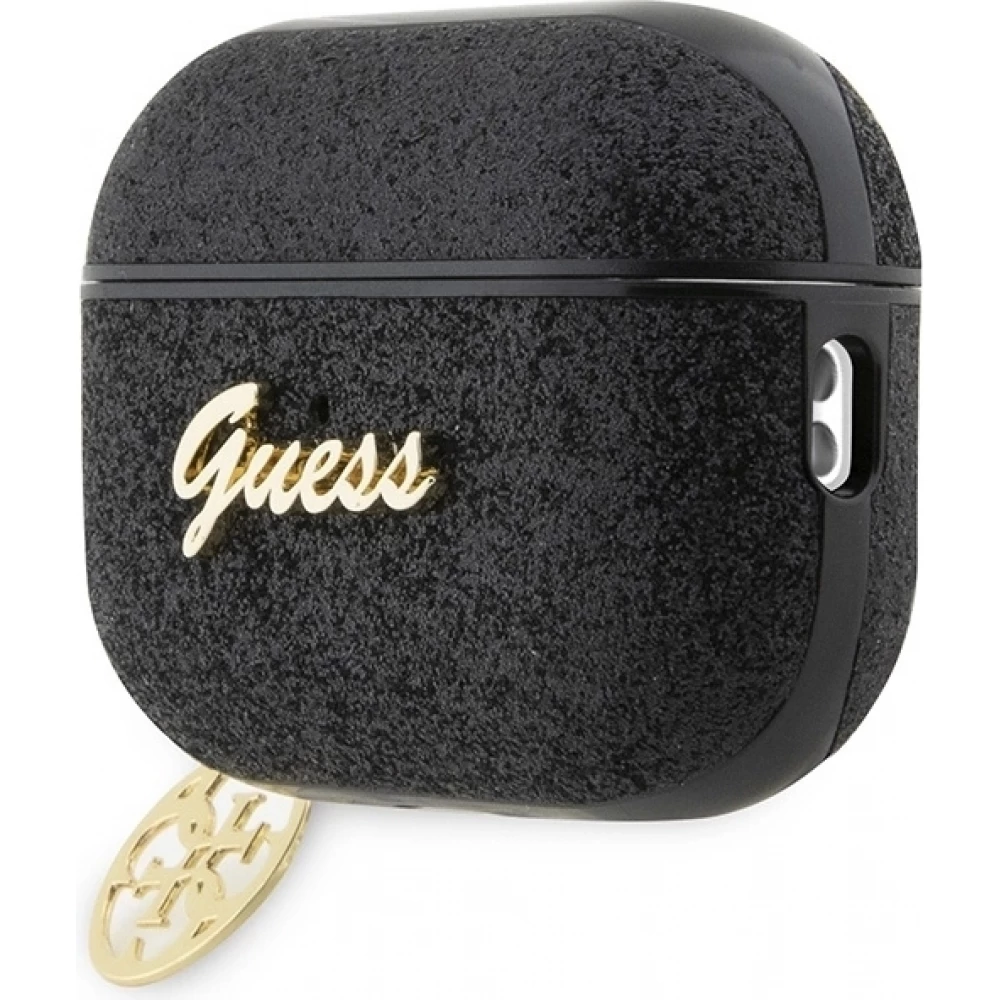 Coque AirPods Pro / Pro 2 - Guess paillettes avec logo en m&eacute;tal dor&eacute; - Noir