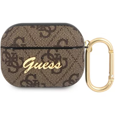 Coque AirPods Pro / Pro 2 - Guess toile similicuir monogramme logo métallique - Brun
