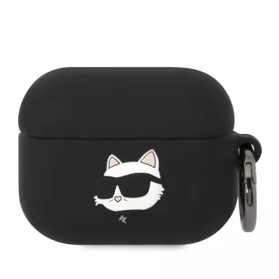 Coque AirPods Pro / Pro 2 - Karl Lagerfeld silicone soft touch avec tête de Choupette en relief - Noir