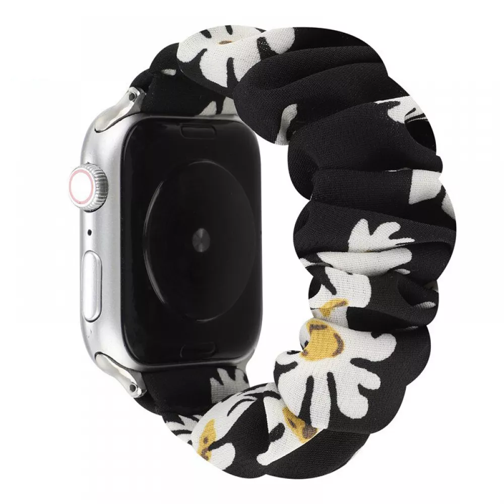Bracelet tissu chouchous fleurs noir - Apple Watch 38/40/41/42 mm