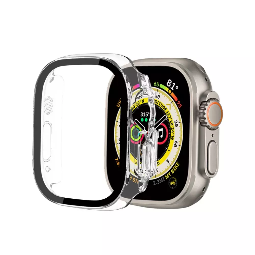 Coque Apple Watch Ultra 49 mm - Coque en plastique rigide avec vitre de protection Tempered Glass intégrée - Transparent