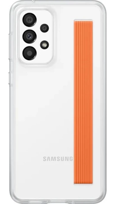 Galaxy A33 5G Case H&uuml;lle - Samsung Slim Strap Cover - D&uuml;nne Schale mit orangefarbener Griffbefestigung - Transparent