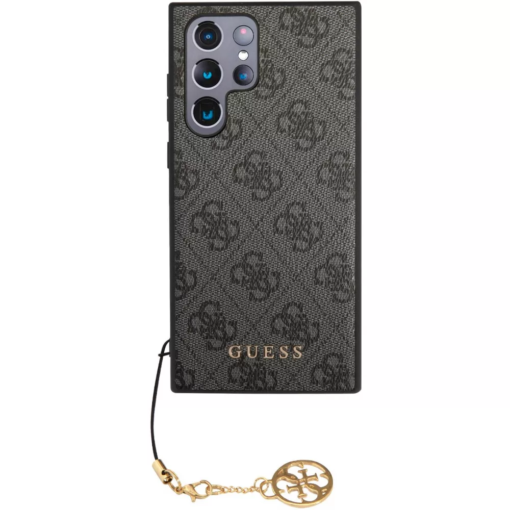 Coque Samsung Galaxy S24 Ultra - Guess toile similicuir monogramme logo métallique doré avec pendentif charm - Noir