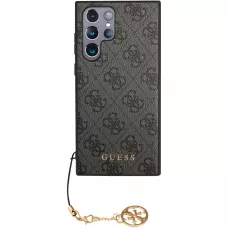 Coque Samsung Galaxy S24 Ultra - Guess toile similicuir monogramme logo métallique doré avec pendentif charm - Noir