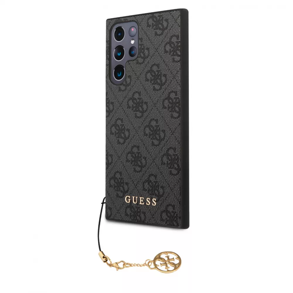 Coque Samsung Galaxy S24 Ultra - Guess toile similicuir monogramme logo métallique doré avec pendentif charm - Noir