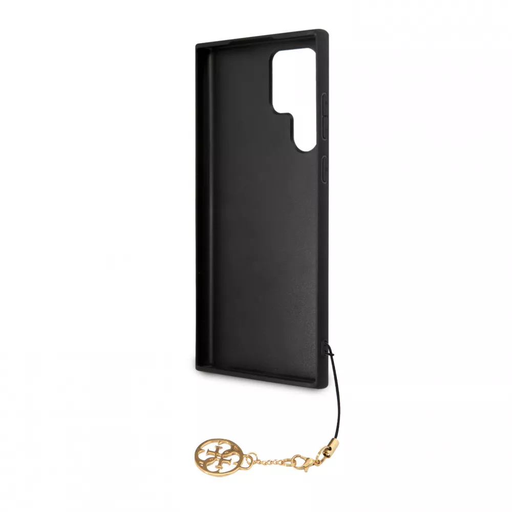Coque Samsung Galaxy S24 Ultra - Guess toile similicuir monogramme logo métallique doré avec pendentif charm - Noir
