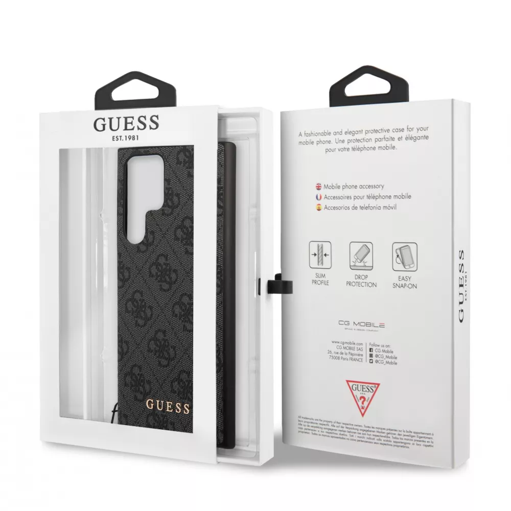 Coque Samsung Galaxy S24 Ultra - Guess toile similicuir monogramme logo métallique doré avec pendentif charm - Noir