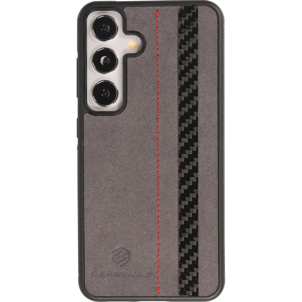 Samsung Galaxy S24 Case Hülle - Carbomile Alcantara und Carbon mit roten Nähten (MagSafe kompatibel)