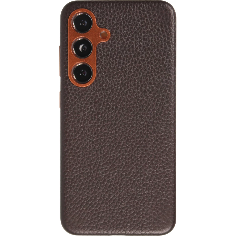 Coque Samsung Galaxy S24 - Cuir de veau luxe grain&eacute; int&eacute;gral avec boutons m&eacute;talliques et MagSafe - Brun fonc&eacute;