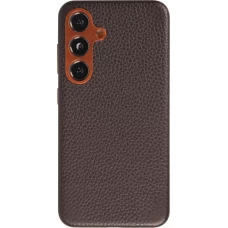 Coque Samsung Galaxy S24 - Cuir de veau luxe grain&eacute; int&eacute;gral avec boutons m&eacute;talliques et MagSafe - Brun fonc&eacute;