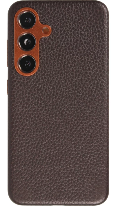 Coque Samsung Galaxy S24+ - Cuir de veau luxe grain&eacute; int&eacute;gral avec boutons m&eacute;talliques et MagSafe - Brun fonc&eacute;