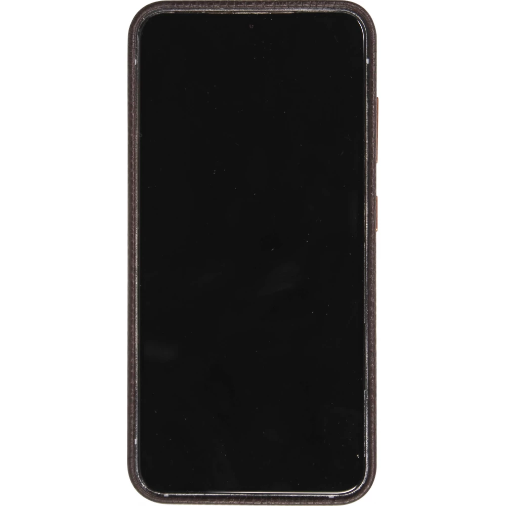 Coque Samsung Galaxy S24 - Cuir de veau luxe grain&eacute; int&eacute;gral avec boutons m&eacute;talliques et MagSafe - Brun fonc&eacute;