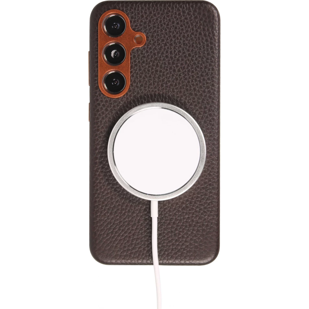 Coque Samsung Galaxy S24 - Cuir de veau luxe grain&eacute; int&eacute;gral avec boutons m&eacute;talliques et MagSafe - Brun fonc&eacute;