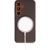 Coque Samsung Galaxy S24 - Cuir de veau luxe grain&eacute; int&eacute;gral avec boutons m&eacute;talliques et MagSafe - Brun fonc&eacute;