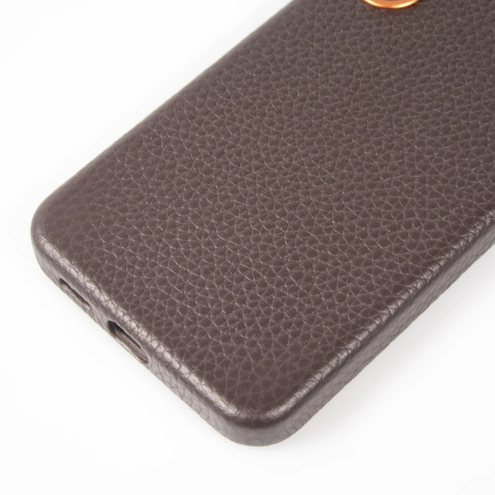 Coque Samsung Galaxy S24 - Cuir de veau luxe grain&eacute; int&eacute;gral avec boutons m&eacute;talliques et MagSafe - Brun fonc&eacute;