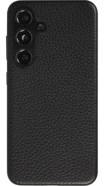 Coque Samsung Galaxy S24+ - Cuir de veau luxe grain&eacute; int&eacute;gral avec boutons m&eacute;talliques et MagSafe - Noir