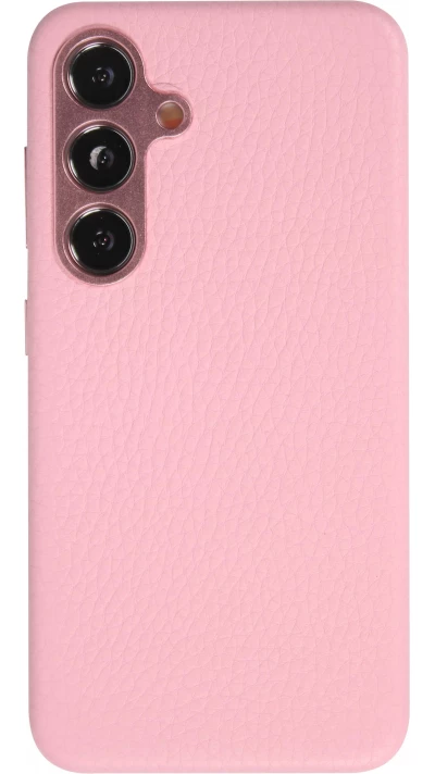 Coque Samsung Galaxy S24+ - Cuir de veau luxe grain&eacute; int&eacute;gral avec boutons m&eacute;talliques et MagSafe - Rose