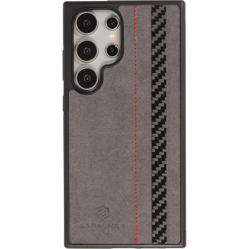Samsung Galaxy S24 Ultra Case Hülle - Carbomile Alcantara und Carbon mit roten Nähten (MagSafe kompatibel)