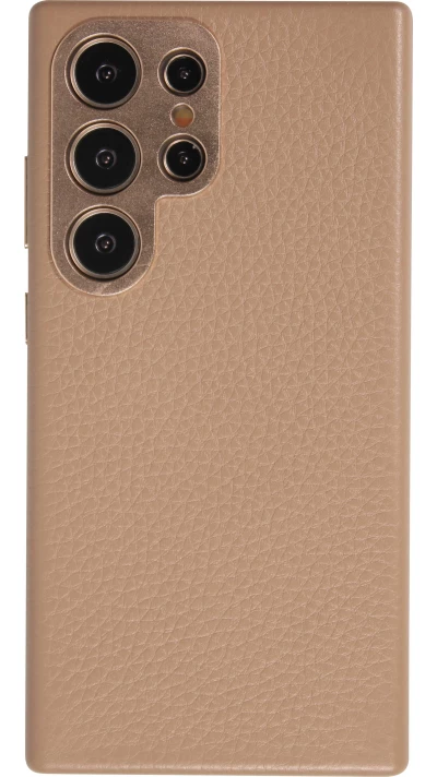 Galaxy S24 Ultra Case H&uuml;lle - Vollst&auml;ndig genarbtes Luxuskalbsleder mit Metallkn&ouml;pfen und MagSafe - Beige