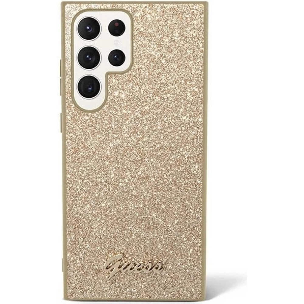 Coque Samsung Galaxy S24 Ultra - Guess paillettes or avec logo en m&eacute;tal dor&eacute; - Or