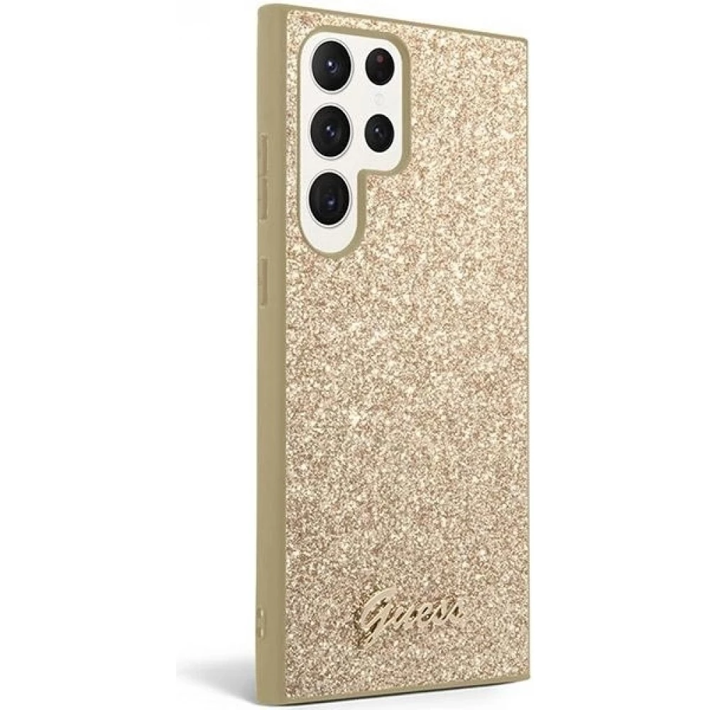 Coque Samsung Galaxy S24 Ultra - Guess paillettes or avec logo en m&eacute;tal dor&eacute; - Or
