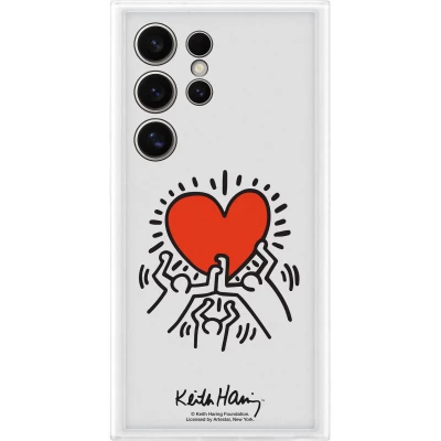 Coque Samsung Galaxy S24 Ultra - Samsung Keith Haring illustration cœur et bord silicone blanc - Blanc