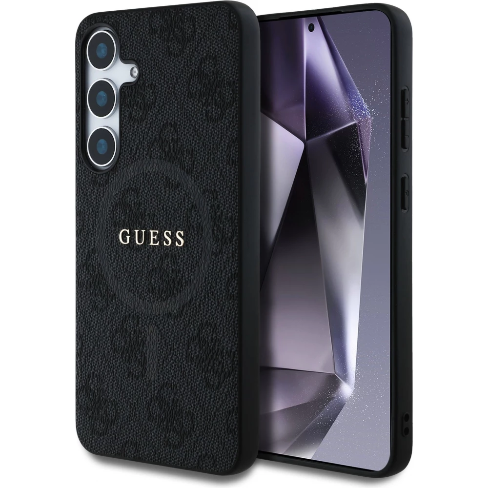 Coque Samsung Galaxy S25 - Guess monogramme similicuir avec MagSafe intégré et logo doré - Noir