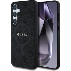 Coque Samsung Galaxy S25 - Guess monogramme similicuir avec MagSafe intégré et logo doré - Noir