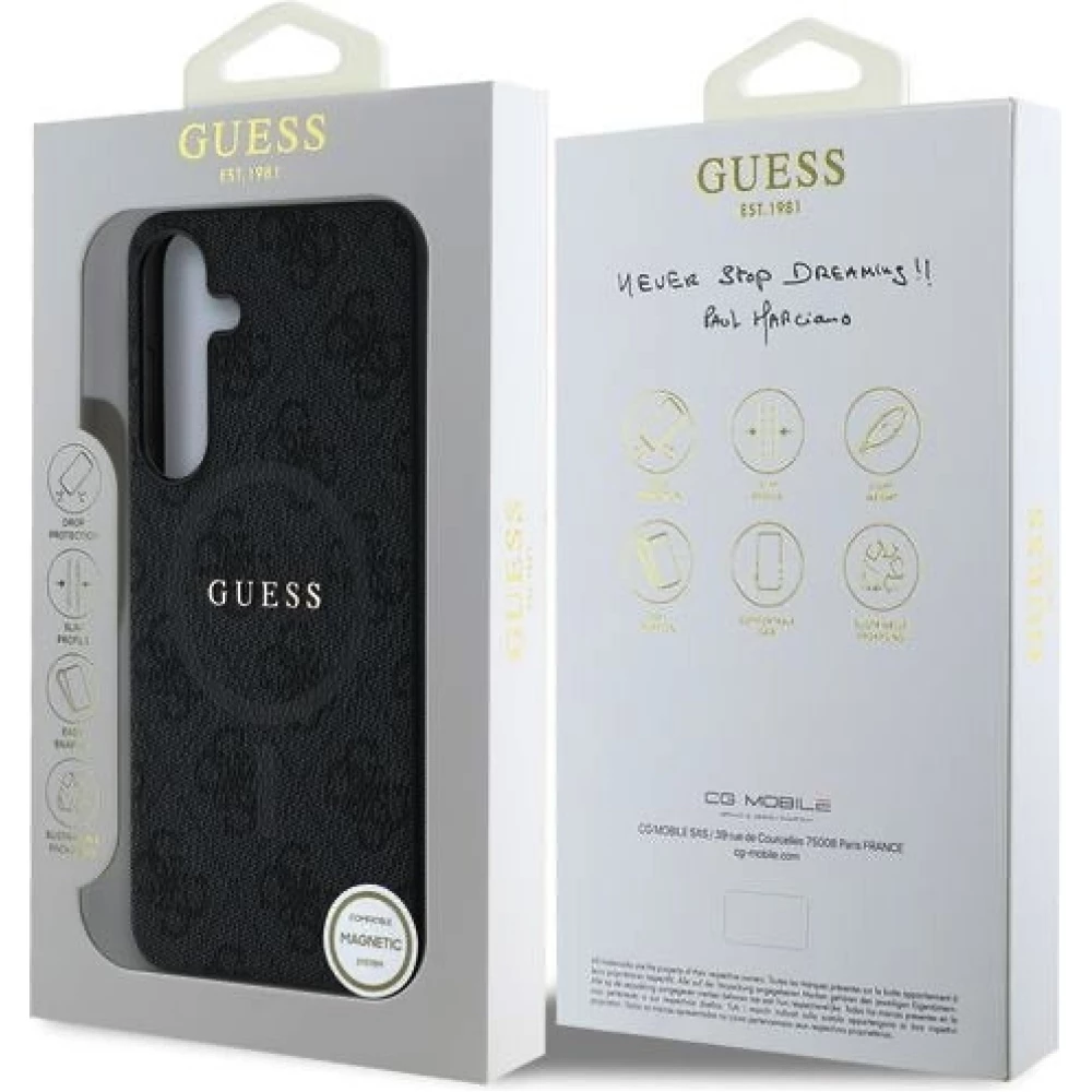 Coque Samsung Galaxy S25 - Guess monogramme similicuir avec MagSafe intégré et logo doré - Noir