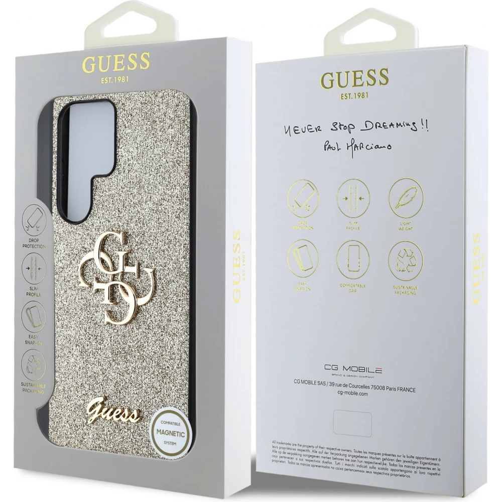 Galaxy S25 Ultra Case H&uuml;lle - Guess Metall-Logo 4G Glitzer Strass - Gold