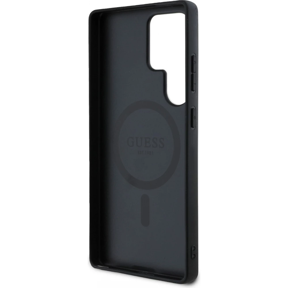 Samsung Galaxy S25 Ultra Case Hülle - Guess Monogramm Kunstleder mit integriertem MagSafe und goldenem Logo - Schwarz