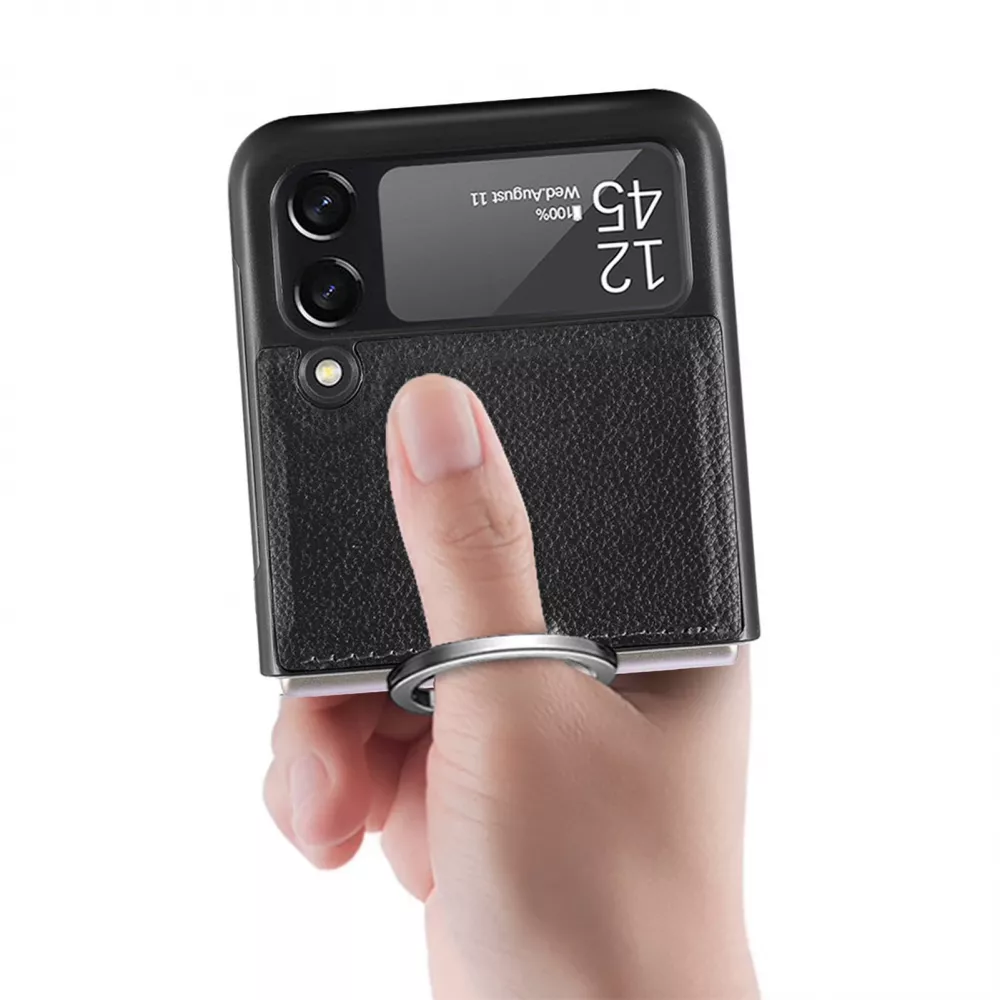 Coque Samsung Galaxy Z Flip3 5G - Fourre en cuir de luxe au look élégant avec anneau de transport - Vert