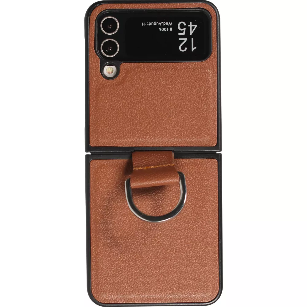 Galaxy Z Flip4 Case Hülle - Leder Design mit Haltering - Braun