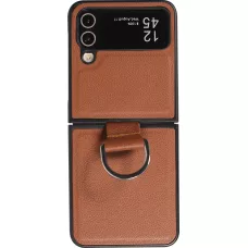 Galaxy Z Flip4 Case Hülle - Leder Design mit Haltering - Braun