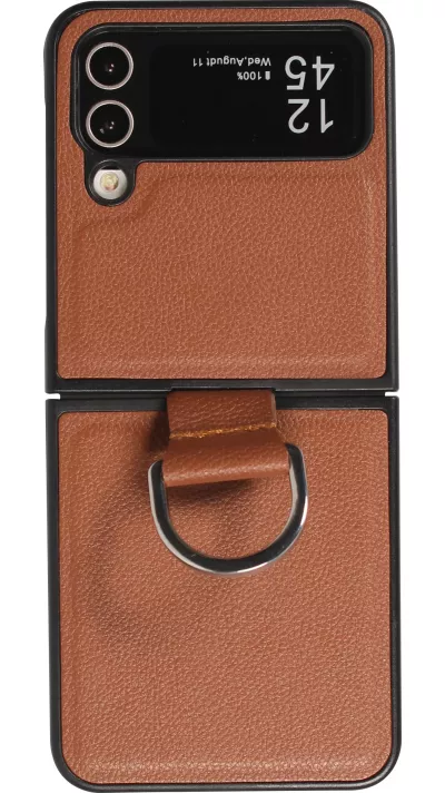 Coque Samsung Galaxy Z Flip4 - Design en cuir avec anneau de support - Brun