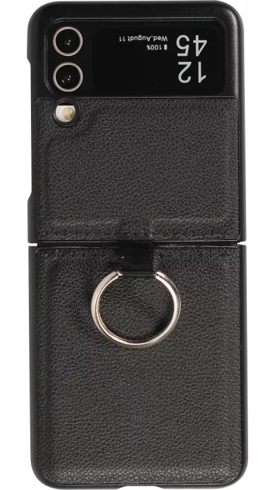 Coque Samsung Galaxy Z Flip4 - Design en cuir avec anneau de support - Noir