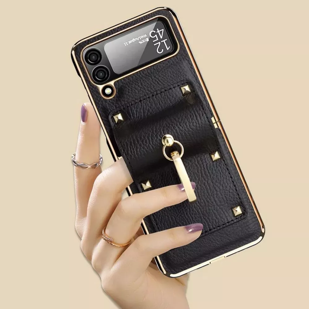 Galaxy Z Flip4 Case Hülle - Luxury Leder Ring - Schwarz