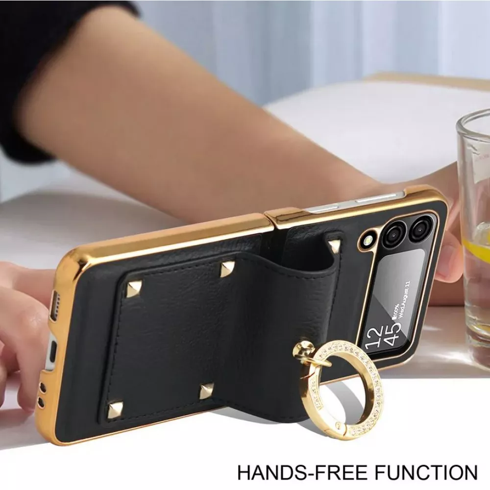 Galaxy Z Flip4 Case Hülle - Luxury Leder Ring - Schwarz