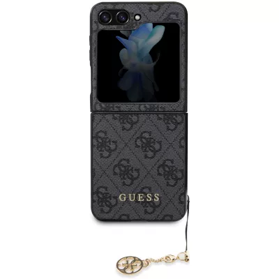 Coque Samsung Galaxy Z Flip5 - Guess toile similicuir monogramme logo métallique doré avec pendentif charm - Noir