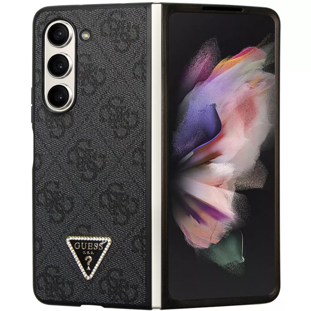 Coque Samsung Galaxy Z Fold5 - Guess monogramme similicuir logo métal et strass - Noir